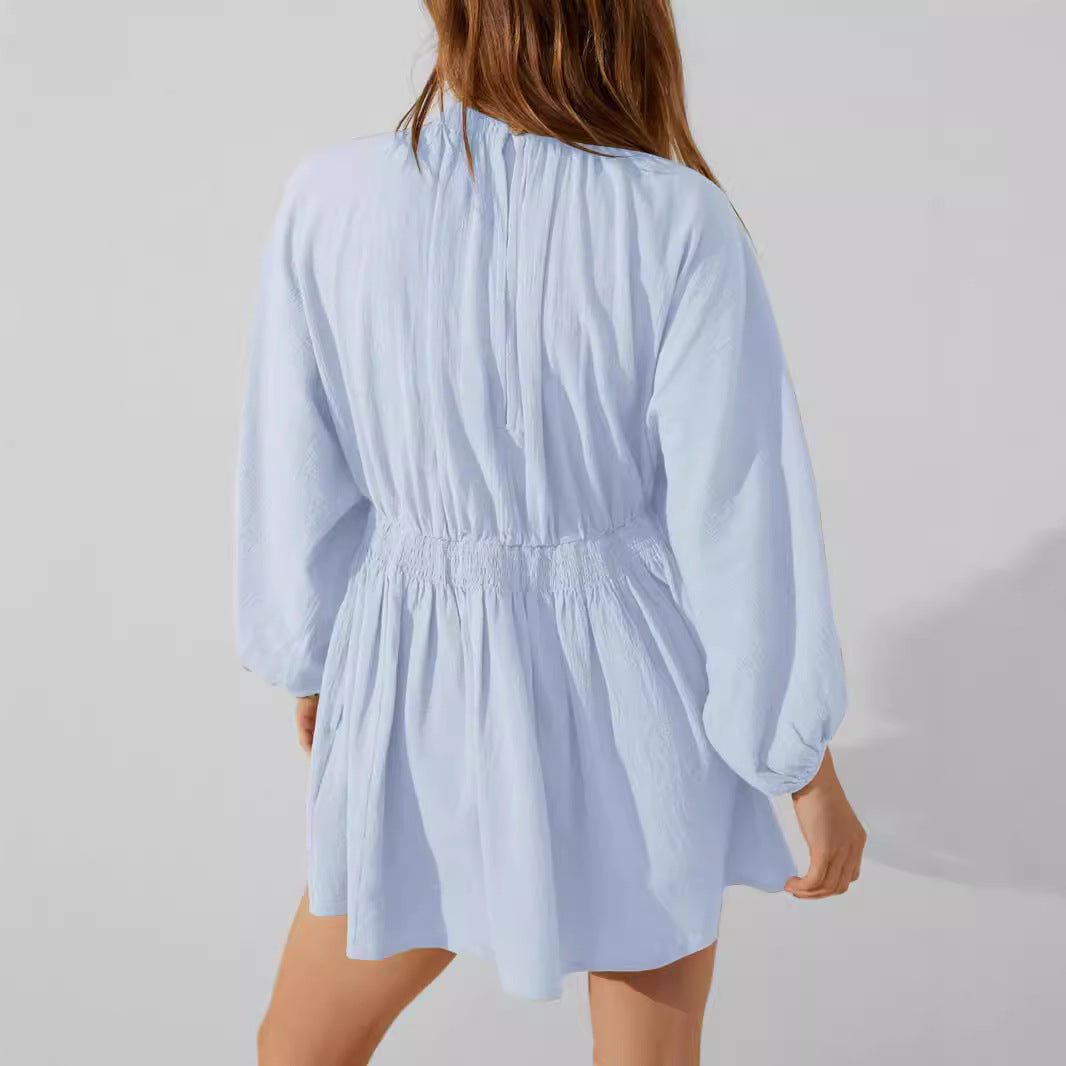 Women's V-Neck Cotton Linen Mini Dress - Long Sleeve Relaxed Fit Blue