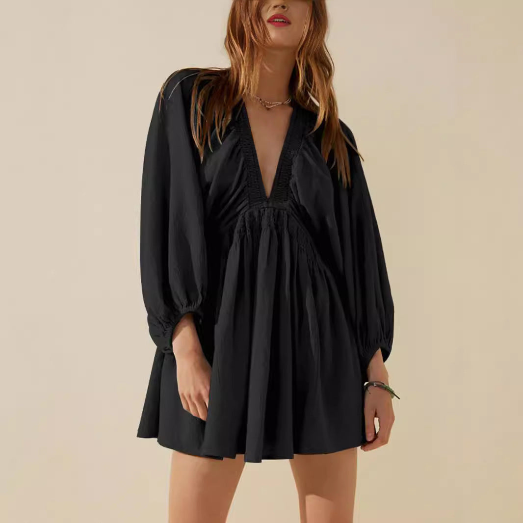 Women's V-Neck Cotton Linen Mini Dress - Long Sleeve Relaxed Fit Black