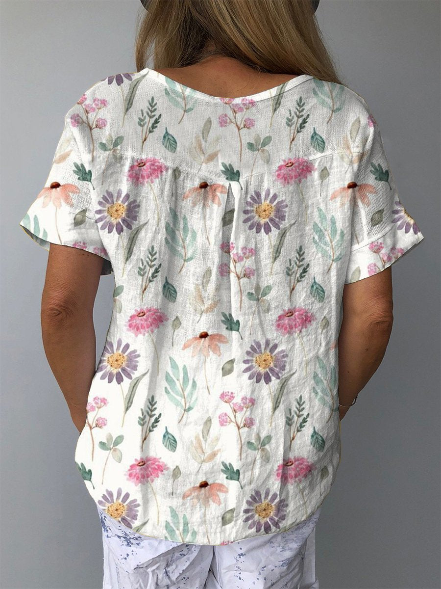 Women's Vintage Floral Casual Cotton Linen Shirt - Stylish Art Print | White