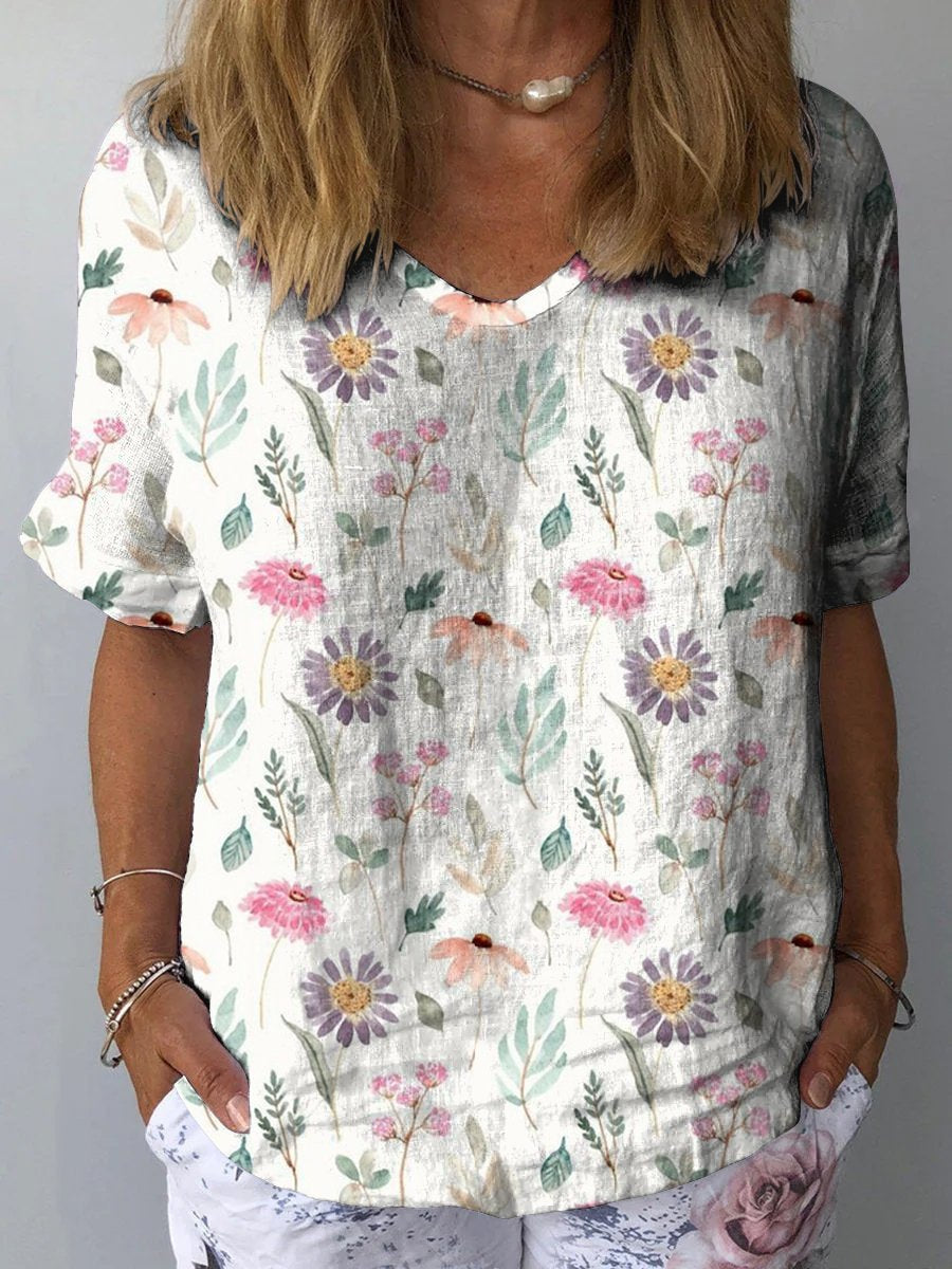 Women's Vintage Floral Casual Cotton Linen Shirt - Stylish Art Print | White 2XL