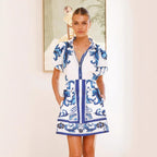 Women’s Vintage Puff Sleeve Mini Dress, Button-Down Printed Linen | Casual & Holiday Summer Wear