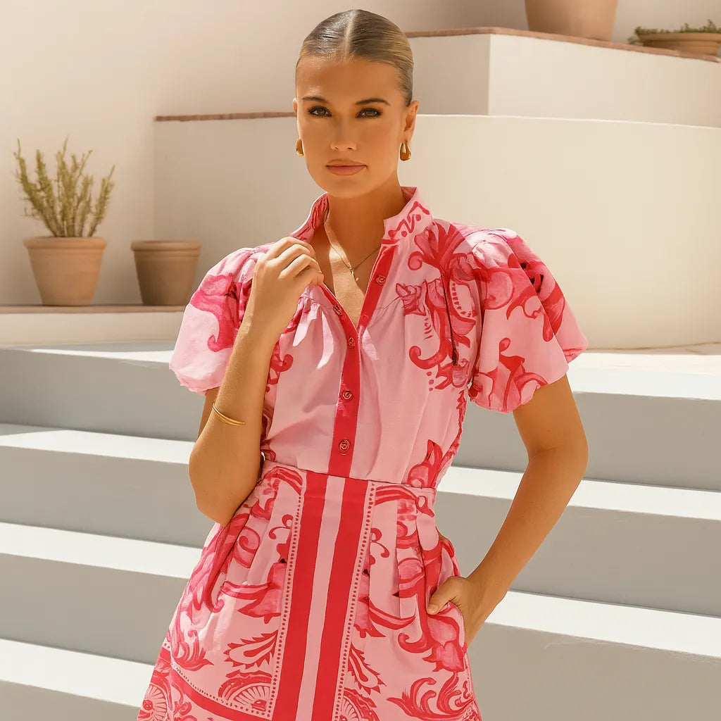Women’s Vintage Puff Sleeve Mini Dress, Button-Down Printed Linen | Casual & Holiday Summer Wear