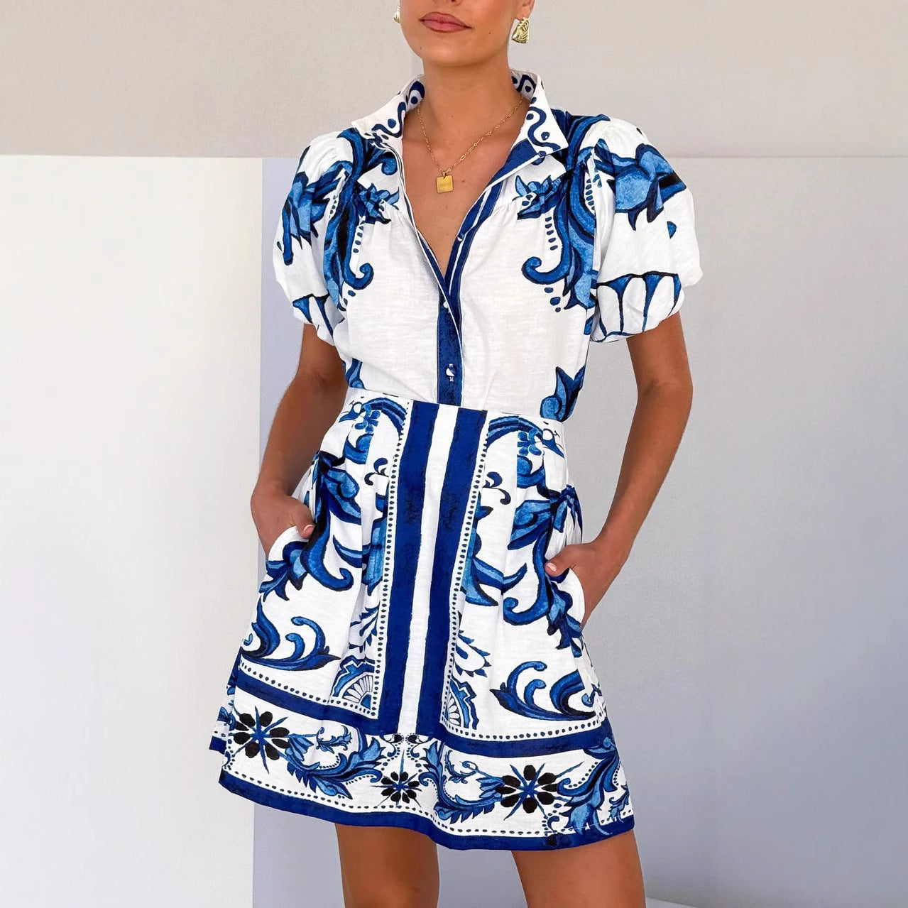 Women’s Vintage Puff Sleeve Mini Dress, Button-Down Printed Linen | Casual & Holiday Summer Wear Royal Blue