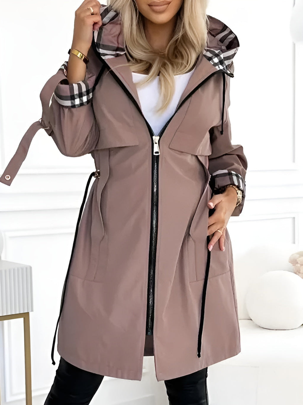 Women's Waterproof Hooded Trench Coat - Tailored Zip Jacket for Work & Casual Wear Brown
