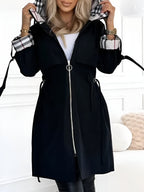 Women's Waterproof Hooded Trench Coat - Tailored Zip Jacket for Work & Casual Wear Black