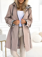 Women's Waterproof Hooded Trench Coat - Tailored Zip Jacket for Work & Casual Wear Beige