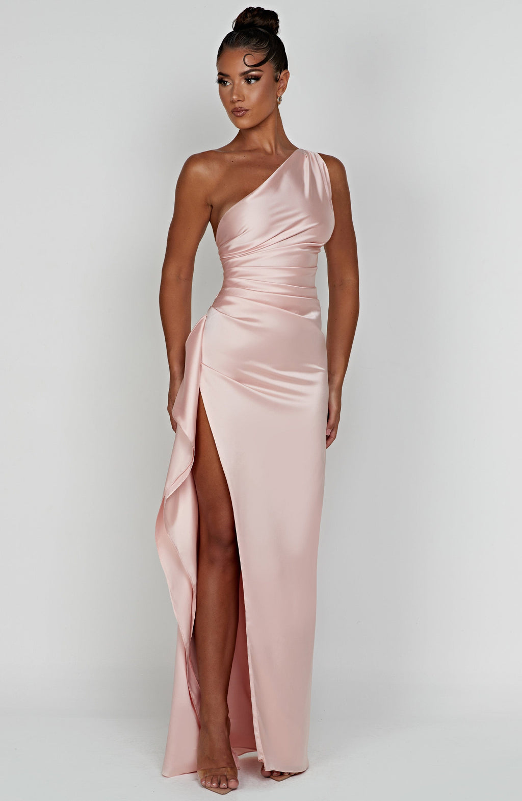 Women's Maxi Dress - Luxury One-Shoulder Satin Gown with Thigh-High Split and Draped Detailing | Pink