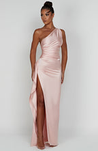 Women's Maxi Dress - Luxury One-Shoulder Satin Gown with Thigh-High Split and Draped Detailing | Pink